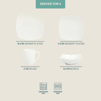 Gibson Home Zen Buffet Porcelain Chip and Scratch Resistant Dinnerware Plates, Bowls, and Mugs Set, Service for 4 (16pcs), White (Square Dishes) Zen Buffet White Service for 4 (16pcs)