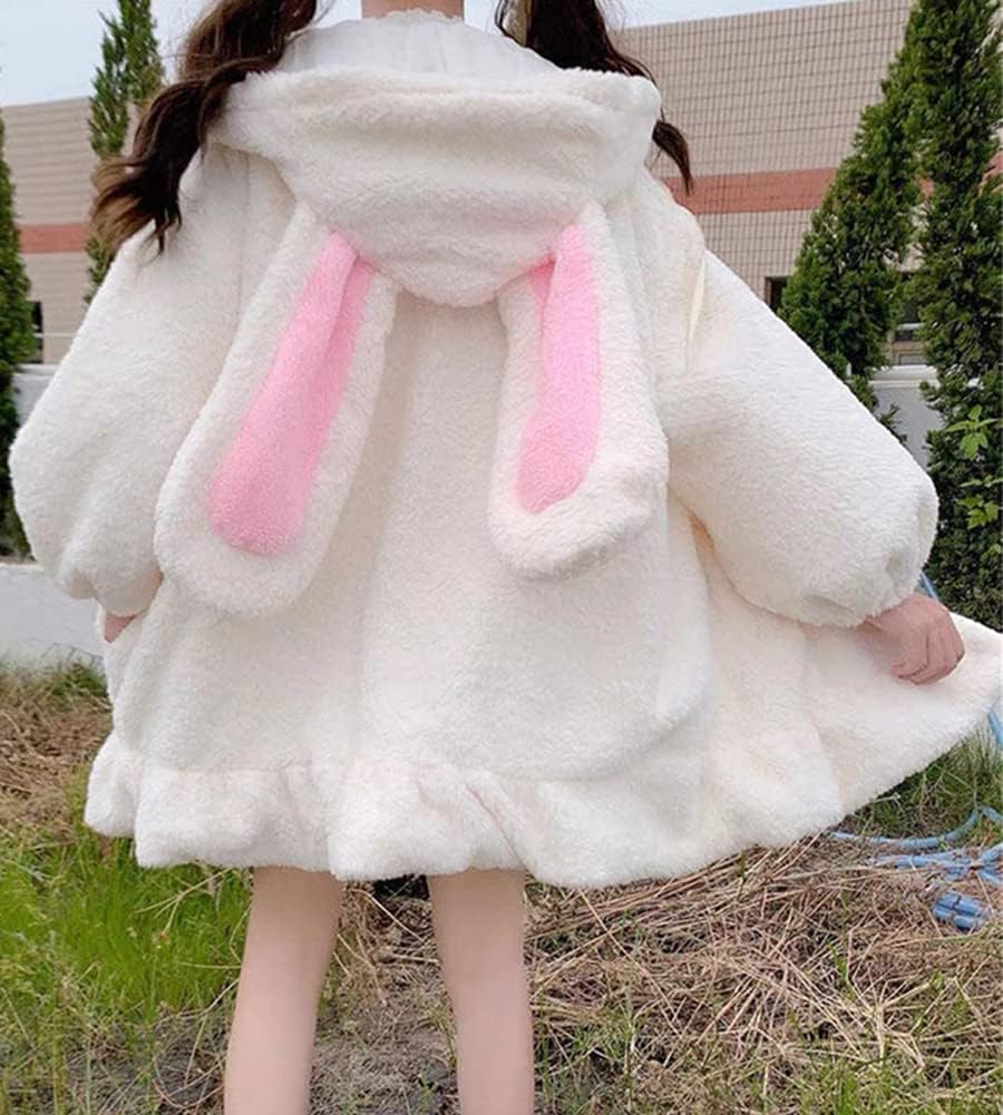 BZB Kawaii Anime Bunny Ear Hoodies For Women Sweet Lovely Fuzzy Fluffy Rabbit Sweater Tops Cosplay Jacket Coats X-Large White