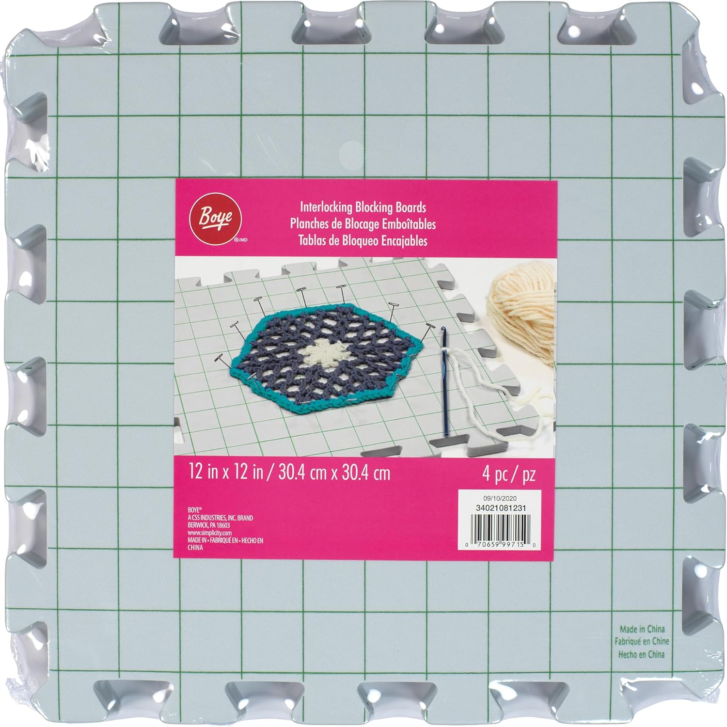 Boye Interlocking Needlepoint, Knitting, and Crochet Blocking Boards, 12'' W x 12'' L, White, 4 Pc 12