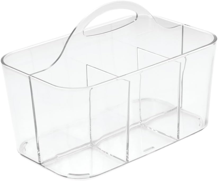 mDesign Plastic Portable Craft Storage Organizer Caddy Tote, Divided Basket Bin with Handle for Crafts, Sewing, Art Supplies - Holds Brushes, Colored Pencils - Lumiere Collection - Clear