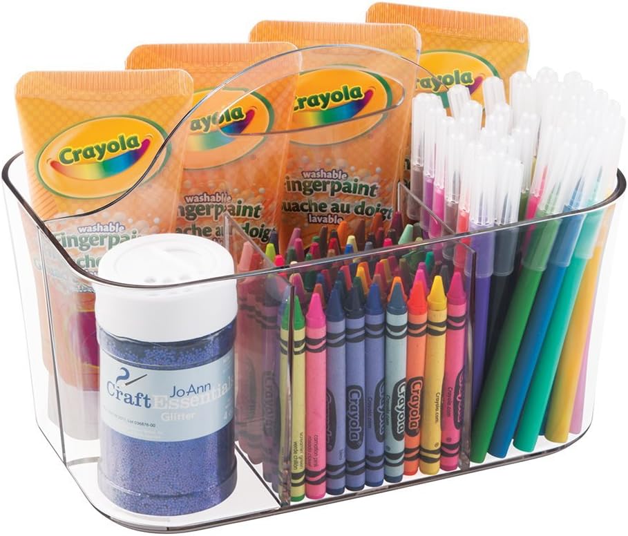 mDesign Plastic Portable Craft Storage Organizer Caddy Tote, Divided Basket Bin with Handle for Crafts, Sewing, Art Supplies - Holds Brushes, Colored Pencils - Lumiere Collection - Clear