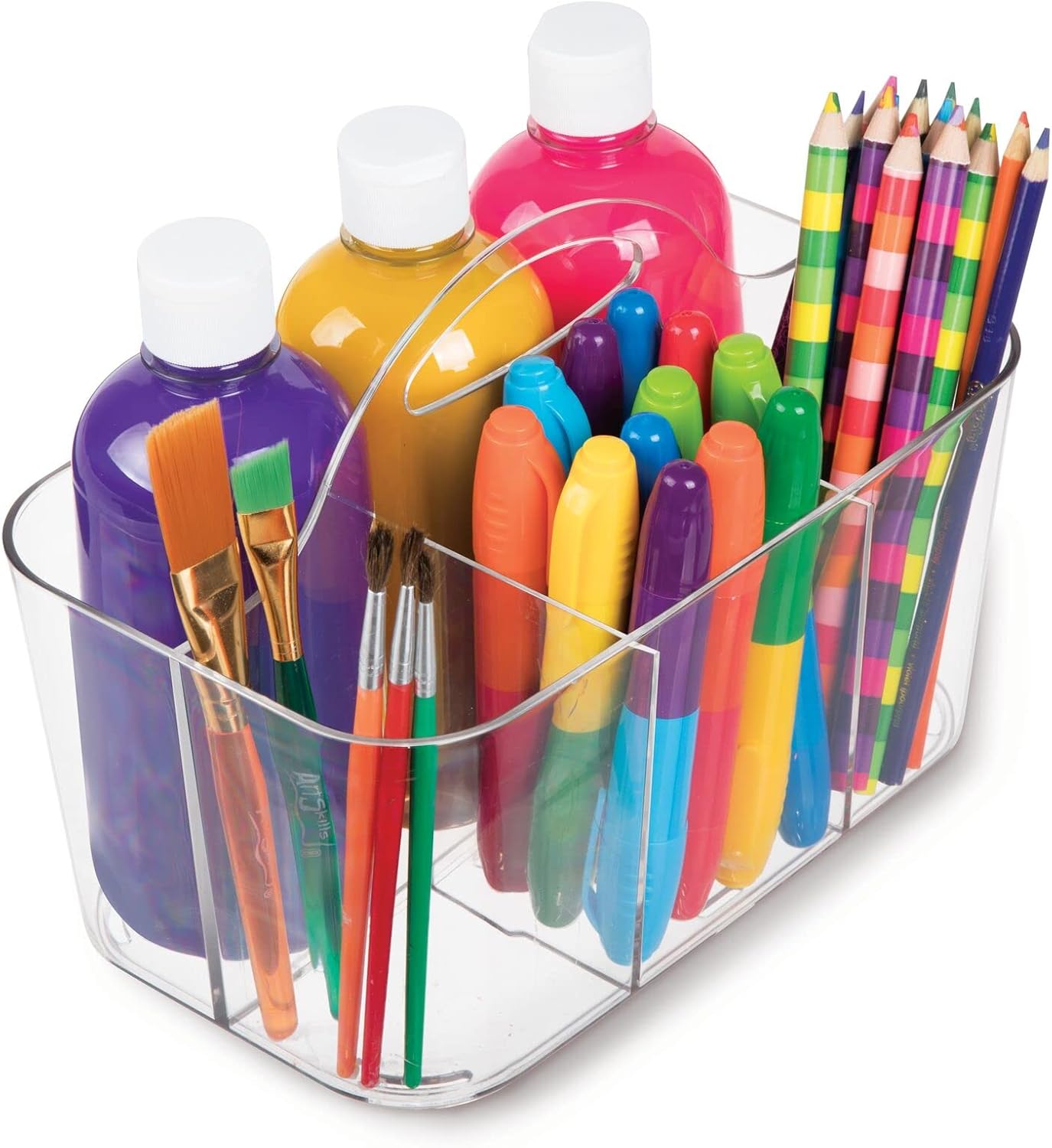 mDesign Plastic Portable Craft Storage Organizer Caddy Tote, Divided Basket Bin with Handle for Crafts, Sewing, Art Supplies - Holds Brushes, Colored Pencils - Lumiere Collection - Clear