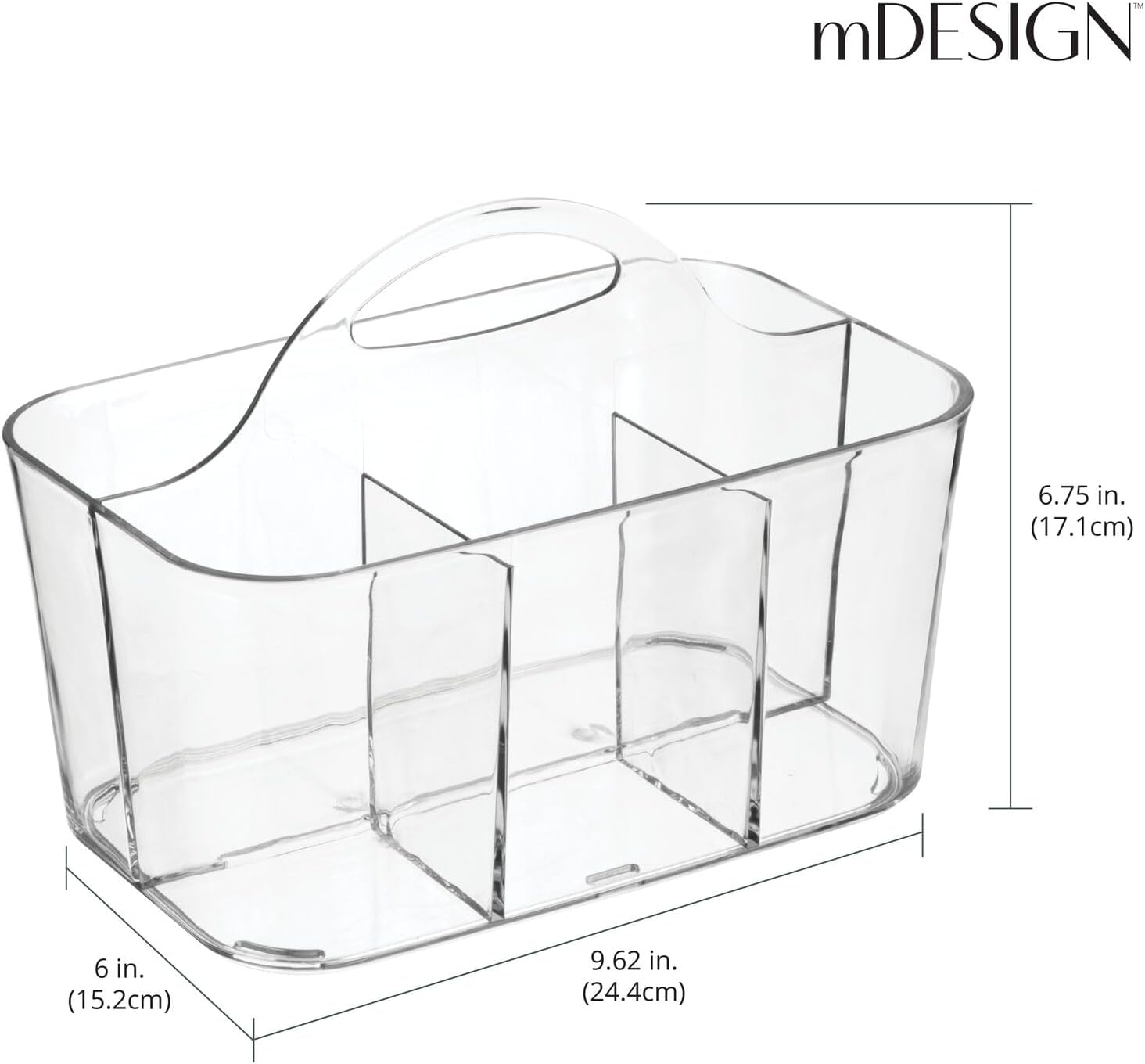 mDesign Plastic Portable Craft Storage Organizer Caddy Tote, Divided Basket Bin with Handle for Crafts, Sewing, Art Supplies - Holds Brushes, Colored Pencils - Lumiere Collection - Clear