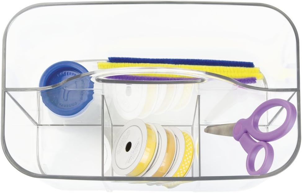 mDesign Plastic Portable Craft Storage Organizer Caddy Tote, Divided Basket Bin with Handle for Crafts, Sewing, Art Supplies - Holds Brushes, Colored Pencils - Lumiere Collection - Clear Pack of 1