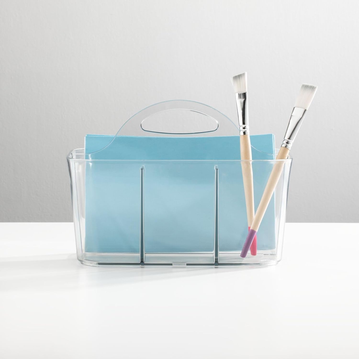 mDesign Plastic Portable Craft Storage Organizer Caddy Tote, Divided Basket Bin with Handle for Crafts, Sewing, Art Supplies - Holds Brushes, Colored Pencils - Lumiere Collection - Clear Clear Pack of 1