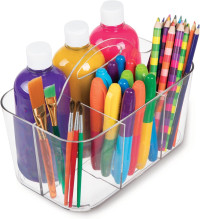 mDesign Plastic Portable Craft Storage Organizer Caddy Tote, Divided Basket Bin with Handle for Crafts, Sewing, Art Supplies - Holds Brushes, Colored Pencils - Lumiere Collection - Clear