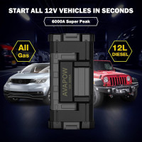 AVAPOW 6000A Car Battery Jump Starter(for All Gas or up to 12L Diesel) Powerful Car Jump Starter with Dual USB Quick Charge and DC Output,12V Jump Pack with Built-in LED Bright Light