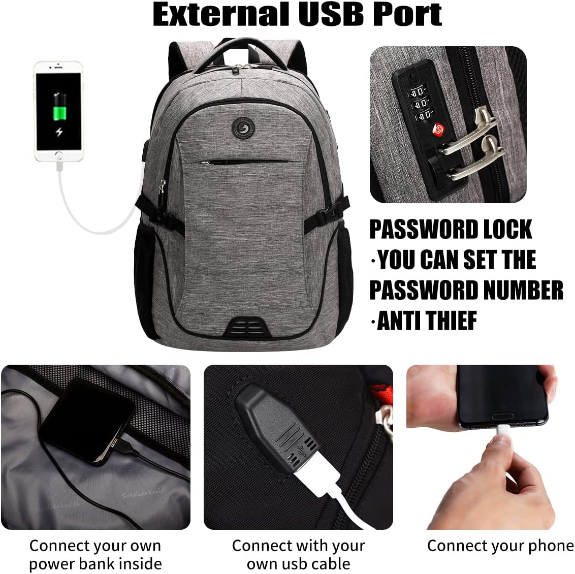 SHRRADOO Anti Theft Laptop Backpack Travel Backpacks with usb Charging Port for Women Men High School College Backpack Computer Bag Fits 17 Inch Laptop,Black Large Grey