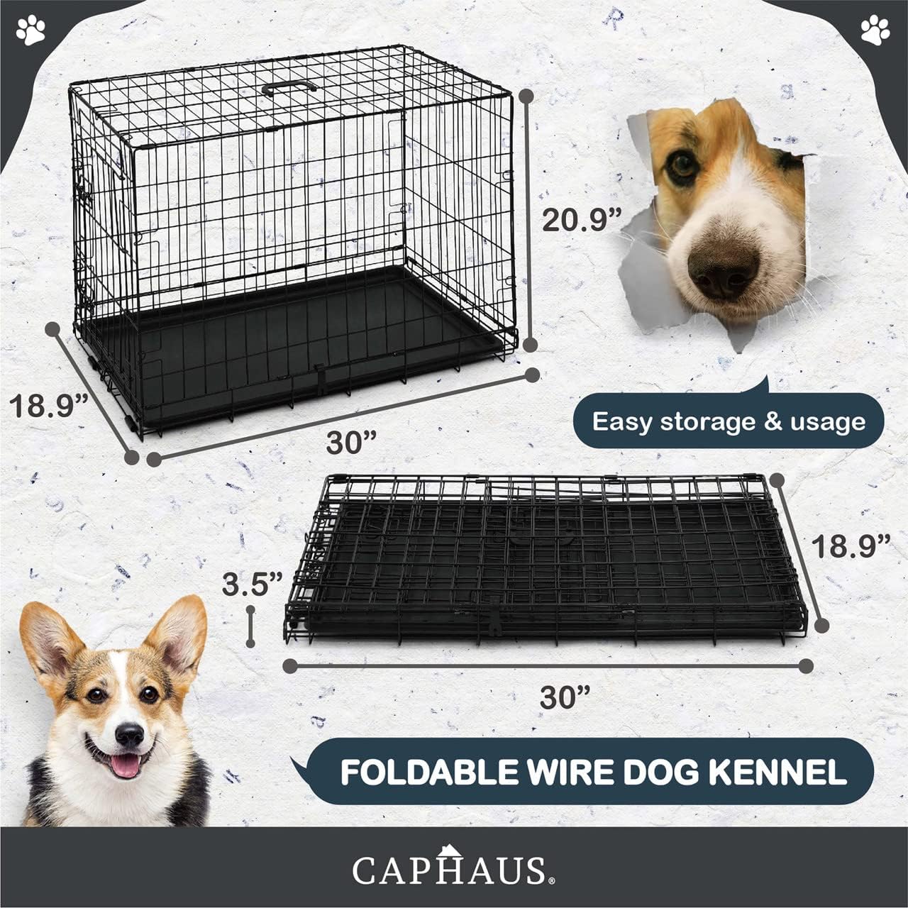 CAPHAUS Foldable Dog Crate Wire Metal Dog Kennel w/Leak-Proof Pan & Protecting Feet & Divider Panel, Single or Double Door, Small, Medium & Large Dog Crate Indoor Cage, 30” w/Single Door Black 30