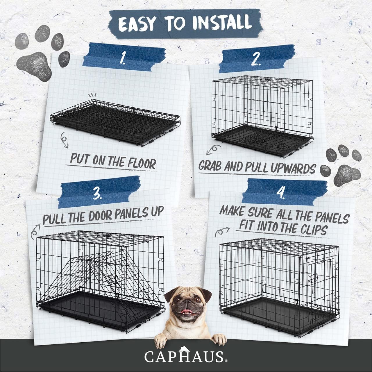 CAPHAUS Foldable Dog Crate Wire Metal Dog Kennel w/Leak-Proof Pan & Protecting Feet & Divider Panel, Single or Double Door, Small, Medium & Large Dog Crate Indoor Cage, 30” w/Single Door Black 30