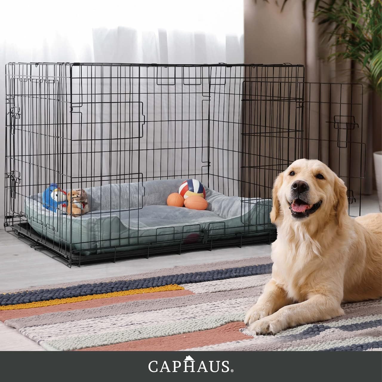 CAPHAUS Foldable Dog Crate Wire Metal Dog Kennel w/Leak-Proof Pan & Protecting Feet & Divider Panel, Single or Double Door, Small, Medium & Large Dog Crate Indoor Cage, 30” w/Single Door Black 30
