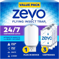 Zevo Flying Insect Trap & 3 Refill Cartridges - Plug in Fly Trap & Indoor Bug Catcher for Gnats, House & Fruit Flies - Blue & UV Light Technology, Mess-Free Alternative to Bug Zapper 1 Device & 3 Cartridges