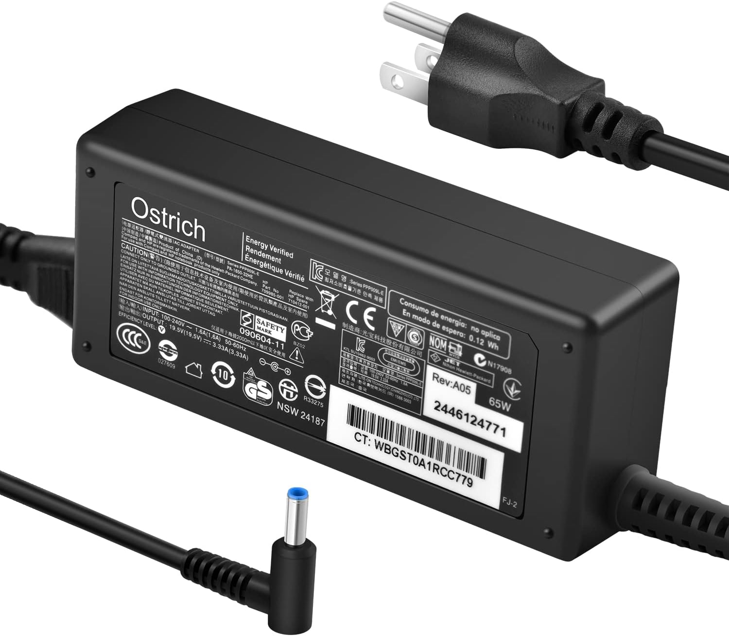 Charger Compatible with HP Laptop Computer 65W 45W Smart Blue Tip Power Adapter