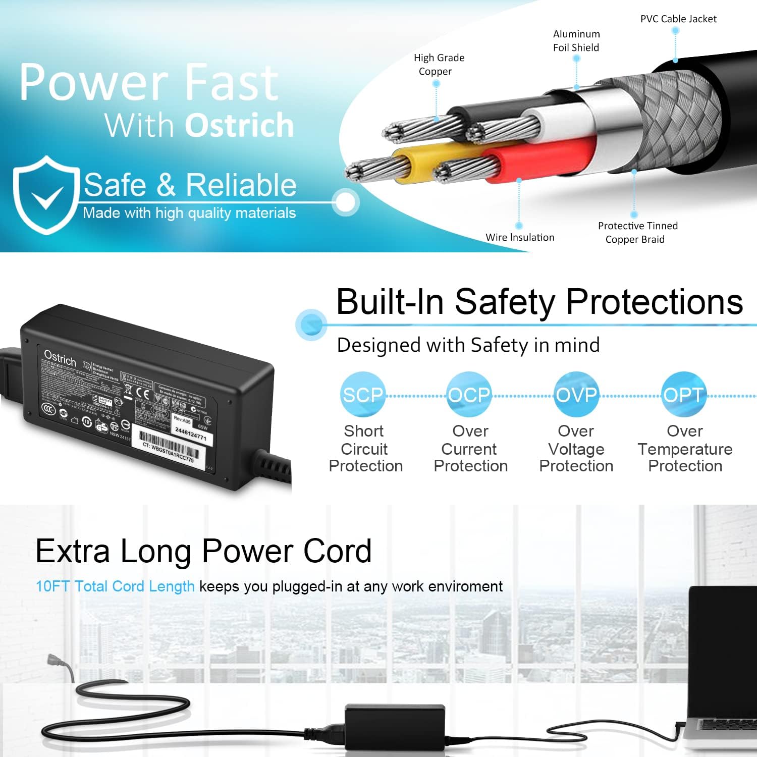 Charger Compatible with HP Laptop Computer 65W 45W Smart Blue Tip Power Adapter