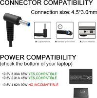 Charger Compatible with HP Laptop Computer 65W 45W Smart Blue Tip Power Adapter
