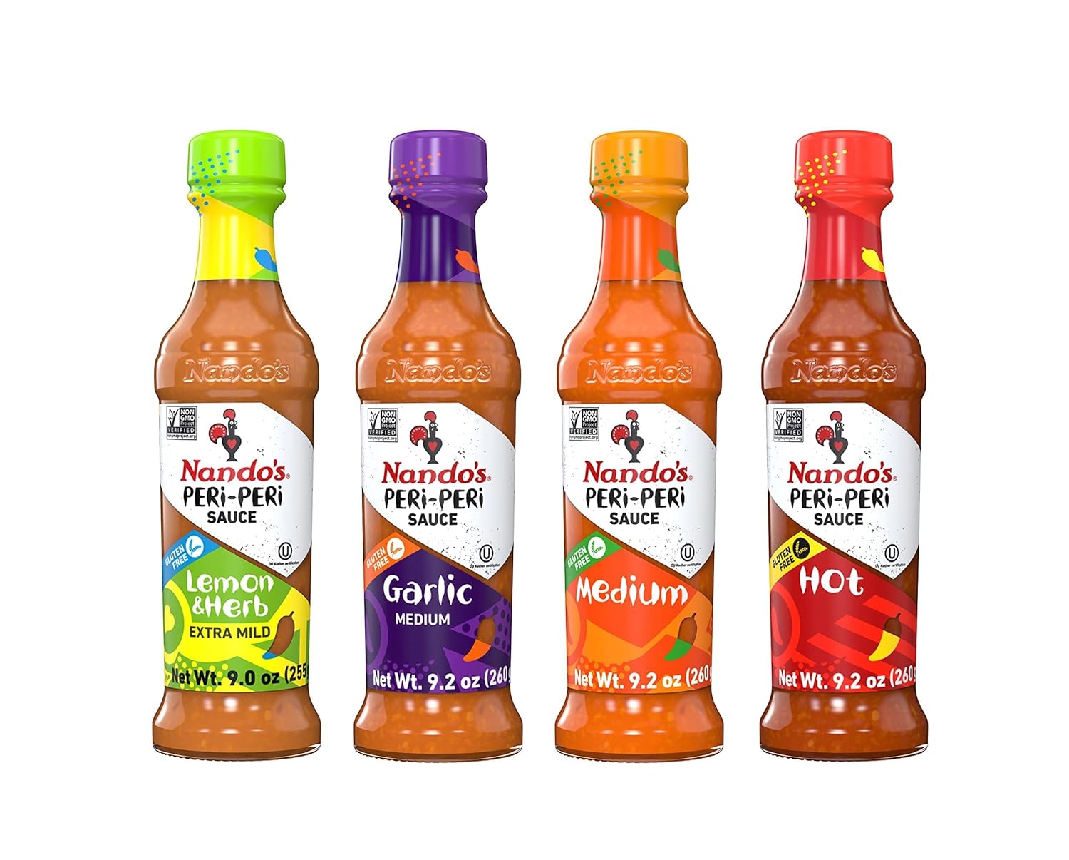Nando's PERi-PERi Hot Sauce Variety Gift Pack - Medium, Hot, Garlic, Lemon & Herb Piri Piri Sauces | Flavorful Hot Sauce Gift Set Box | Great as Wing Sauces! Gluten Free - 9.1 oz (4 Pack) Flavorful Pack
