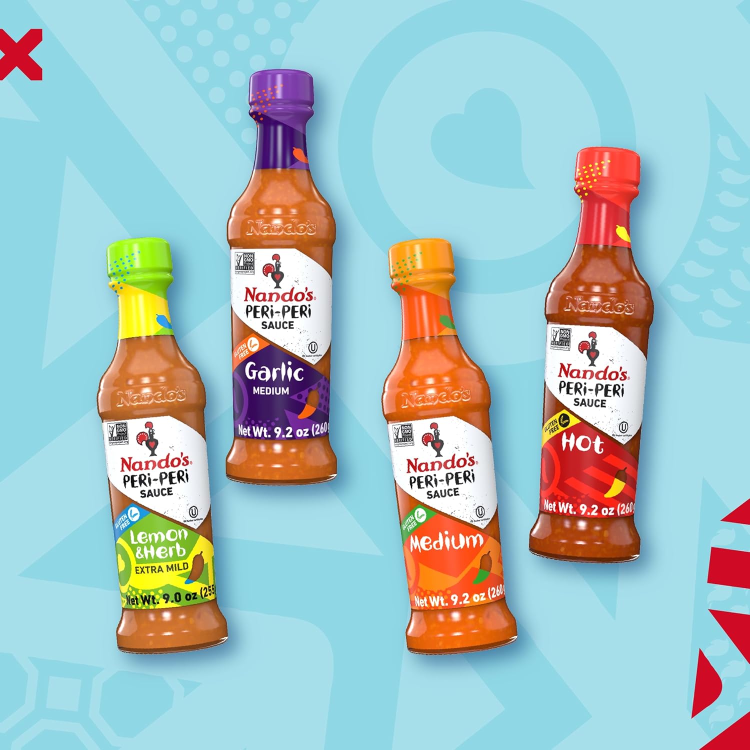 Nando's PERi-PERi Hot Sauce Variety Gift Pack - Medium, Hot, Garlic, Lemon & Herb Piri Piri Sauces | Flavorful Hot Sauce Gift Set Box | Great as Wing Sauces! Gluten Free - 9.1 oz (4 Pack) Flavorful Pack