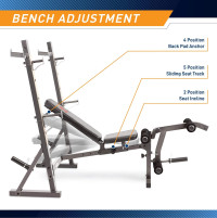 Marcy Olympic Workout Bench for Home Gym Strength Training Equipment with Preacher Curl Pad and Weight Rack Storage, White/Black Standard