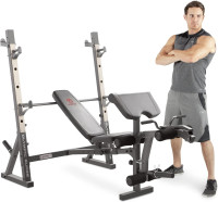Marcy Olympic Workout Bench for Home Gym Strength Training Equipment with Preacher Curl Pad and Weight Rack Storage, White/Black Standard