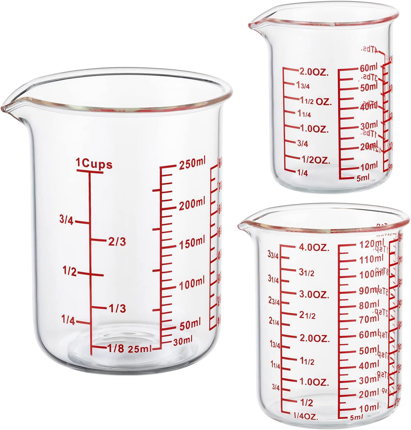 High Borosilicate Glass Measuring Cup Set-V-Shaped Spout，Includes 60ml(2OZ), 120ml(4OZ), and 250ml(8OZ) Glass Measuring Beaker for Kitchen or Restaurant, Easy to Read 60ml/120ml/250ml Measuring Cup Set