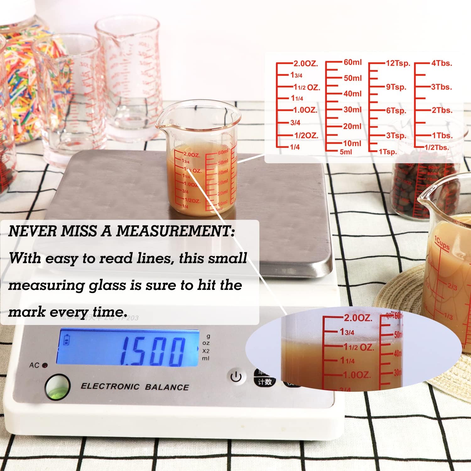 High Borosilicate Glass Measuring Cup Set-V-Shaped Spout，Includes 60ml(2OZ), 120ml(4OZ), and 250ml(8OZ) Glass Measuring Beaker for Kitchen or Restaurant, Easy to Read 60ml/120ml/250ml Measuring Cup Set