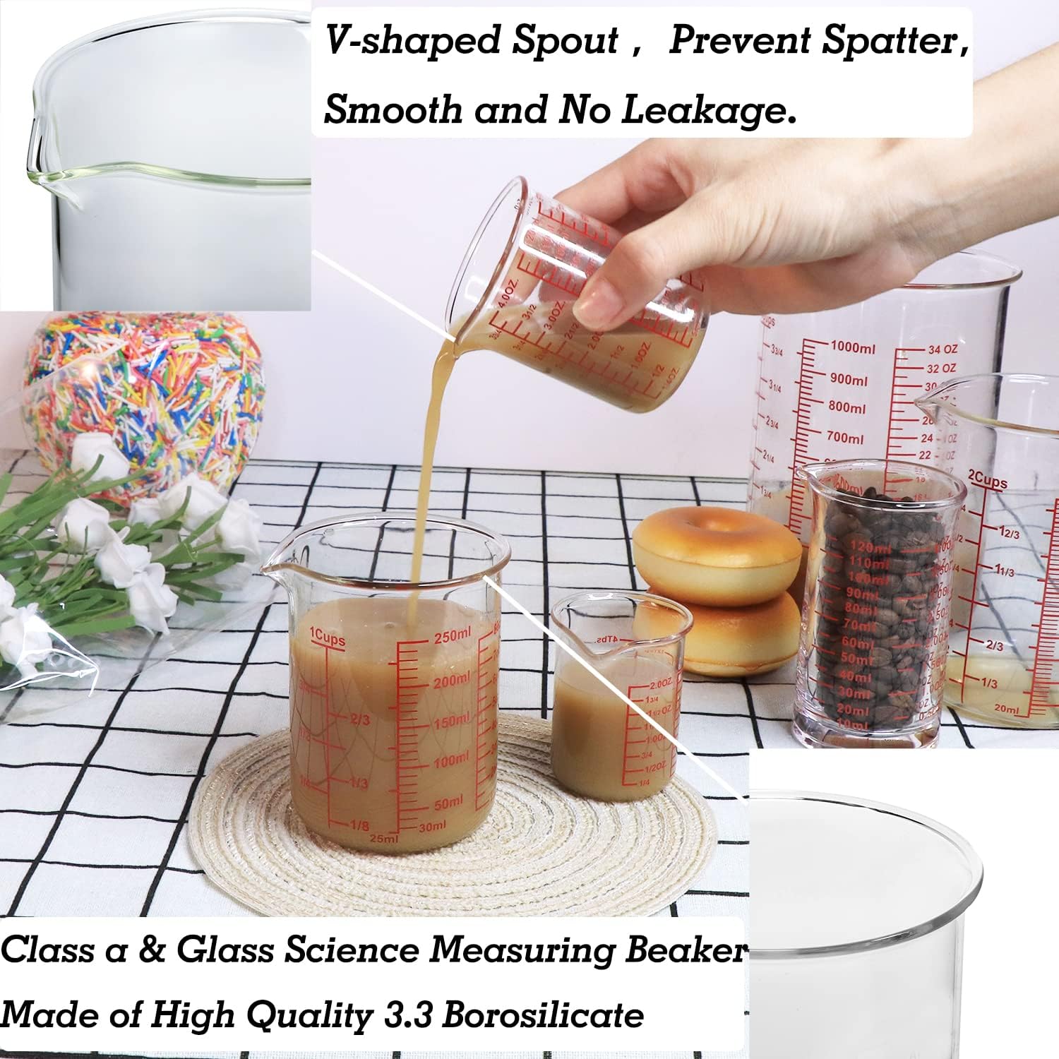 High Borosilicate Glass Measuring Cup Set-V-Shaped Spout，Includes 60ml(2OZ), 120ml(4OZ), and 250ml(8OZ) Glass Measuring Beaker for Kitchen or Restaurant, Easy to Read 60ml/120ml/250ml Measuring Cup Set