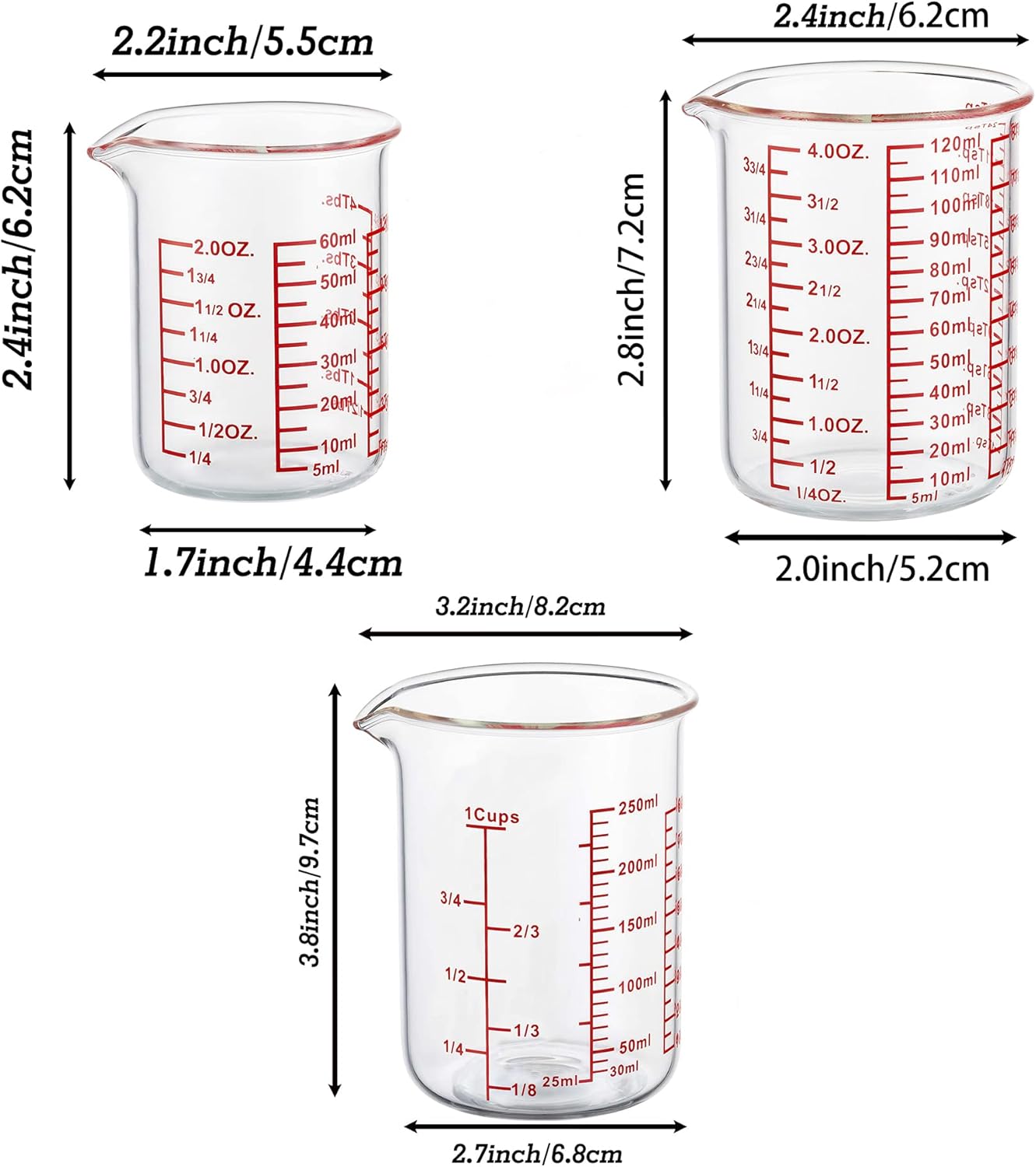 High Borosilicate Glass Measuring Cup Set-V-Shaped Spout，Includes 60ml(2OZ), 120ml(4OZ), and 250ml(8OZ) Glass Measuring Beaker for Kitchen or Restaurant, Easy to Read 60ml/120ml/250ml Measuring Cup Set