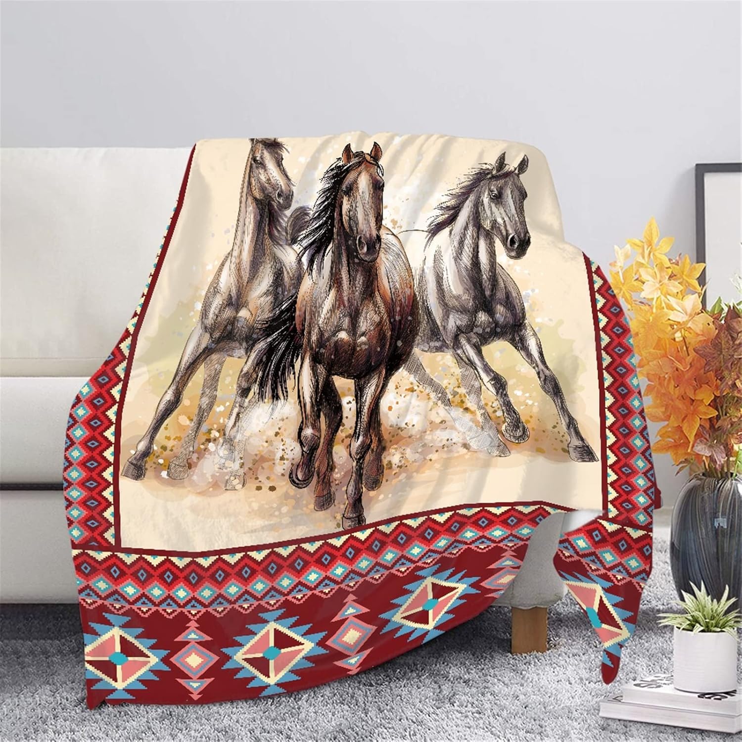 CLOHOMIN Native American Horse Animal Throw Blanket for Bed Couch Travel, Aztec Navajo Saddle Southwest Running Horses Plush Blanket Flannel Microfiber Soft Fuzzy Throw Blanket All Season fit Horse Animal Print 2XL-(55.1''x70.9'')