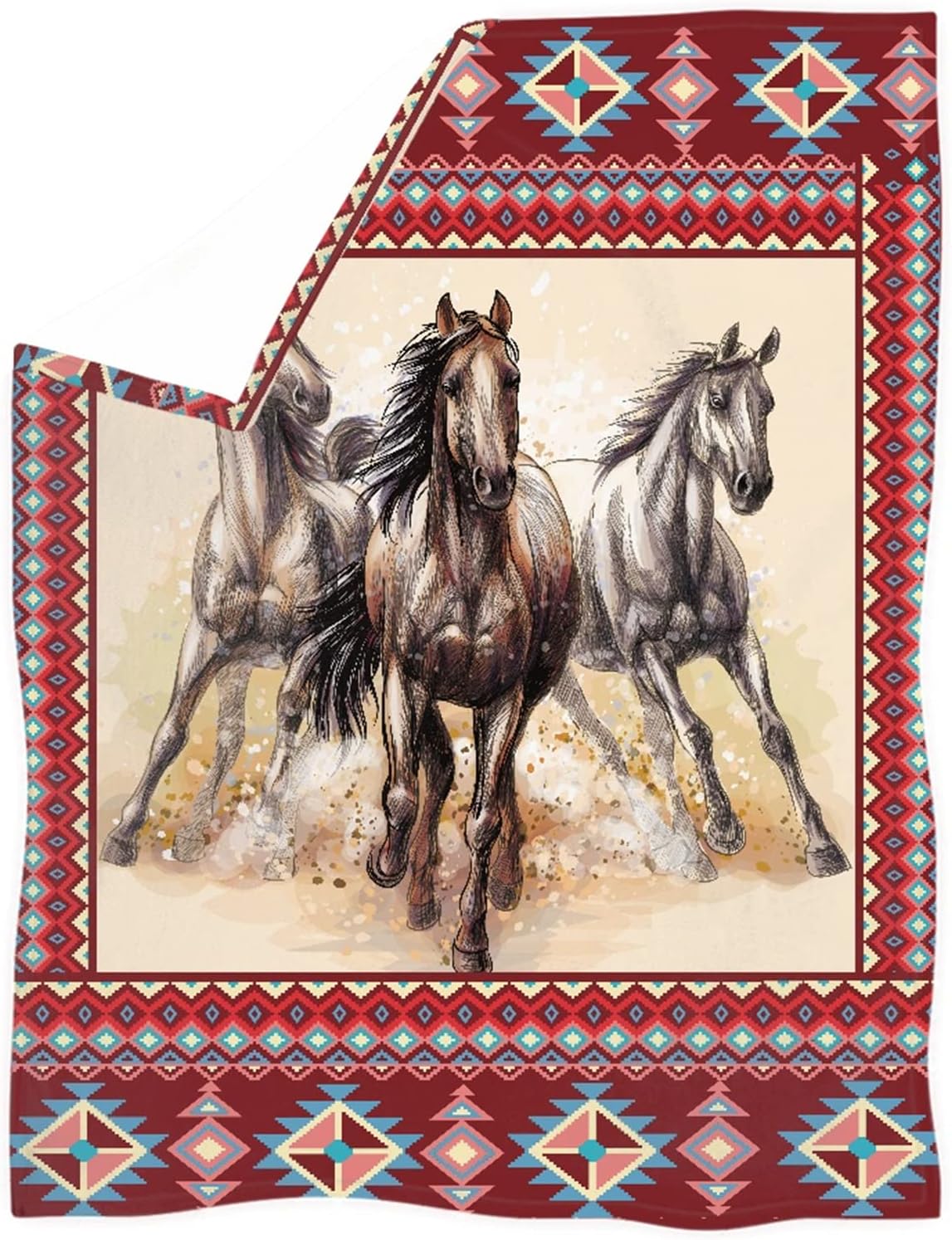 CLOHOMIN Native American Horse Animal Throw Blanket for Bed Couch Travel, Aztec Navajo Saddle Southwest Running Horses Plush Blanket Flannel Microfiber Soft Fuzzy Throw Blanket All Season fit Horse Animal Print 2XL-(55.1''x70.9'')