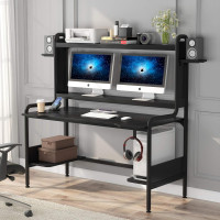 TIYASE Gaming Desk with Monitor Stand, Computer Desk with Hutch and Storage Shelves, Large PC Gamer Desk, Workstation Table with Cup Holder, Headphone Hook, Speak Stands, Black, 55 Inch