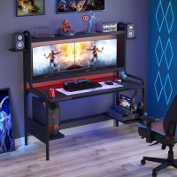 TIYASE Gaming Desk with Monitor Stand, Computer Desk with Hutch and Storage Shelves, Large PC Gamer Desk, Workstation Table with Cup Holder, Headphone Hook, Speak Stands, Black, 55 Inch