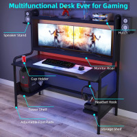 TIYASE Gaming Desk with Monitor Stand, Computer Desk with Hutch and Storage Shelves, Large PC Gamer Desk, Workstation Table with Cup Holder, Headphone Hook, Speak Stands, Black, 55 Inch