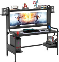 TIYASE Gaming Desk with Monitor Stand, Computer Desk with Hutch and Storage Shelves, Large PC Gamer Desk, Workstation Table with Cup Holder, Headphone Hook, Speak Stands, Black, 55 Inch