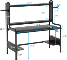 TIYASE Gaming Desk with Monitor Stand, Computer Desk with Hutch and Storage Shelves, Large PC Gamer Desk, Workstation Table with Cup Holder, Headphone Hook, Speak Stands, Black, 55 Inch