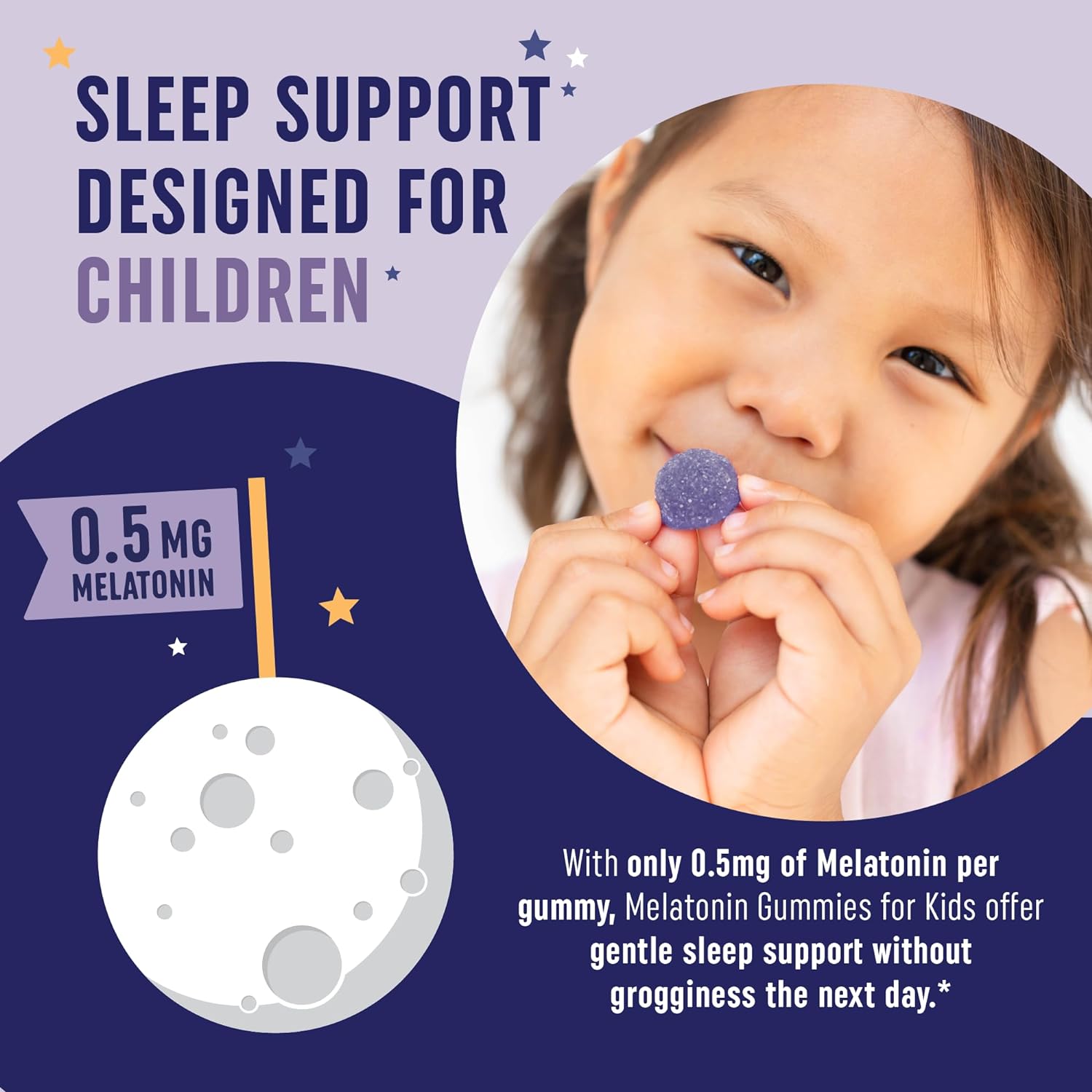 Melatonin Gummies for Kids | 0.5mg Per Gummy | Gentle Rest Support for Children Ages 2+ | Low-Dose Chewable Rest Aid For Kids | with Lemon Balm & Chamomile | Non-GMO, Third-Party Tested 60ct Chamomile Melatonin Gummy