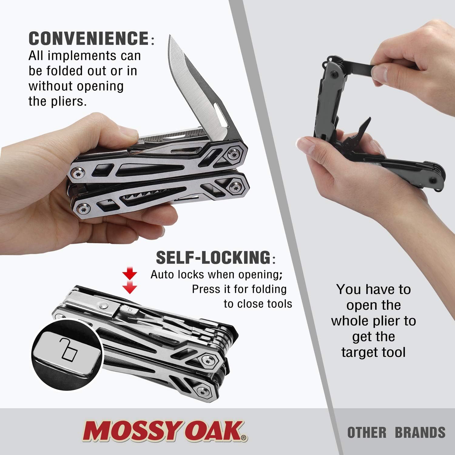 MOSSY OAK Multitool, 21-in-1 Stainless Steel Pocket Knife with Screwdriver Sleeve, Self-locking Pliers with Sheath-Perfect for Outdoor, Survival, Camping, Hiking, Simple Repair 21-in-1 Silver