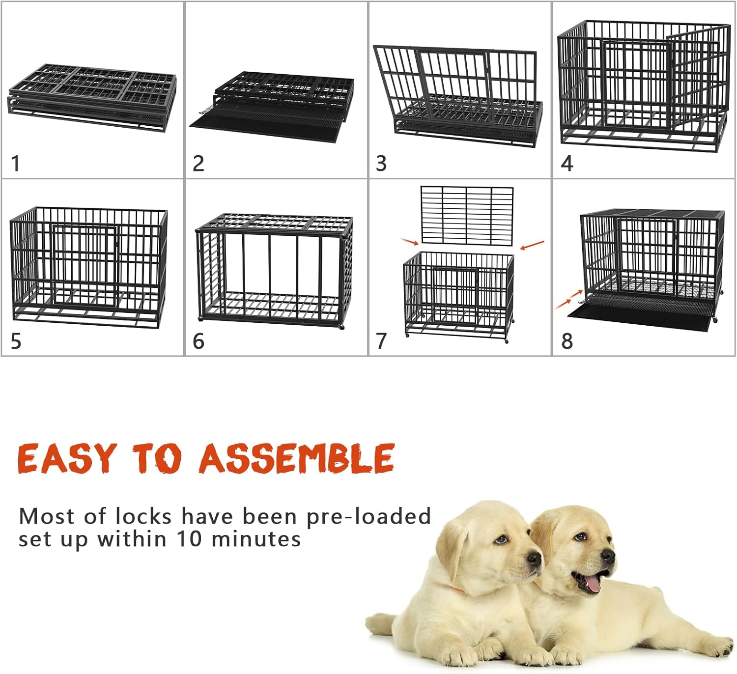 LEMBERI 48/38 inch Heavy Duty Indestructible Dog Crate, Escape Proof Dogs Cage Kennel with Lockable Wheels,High Anxiety Double Door Kennel,Extra Large Crate Indoor for Large Dog with Removable Tray 47.2
