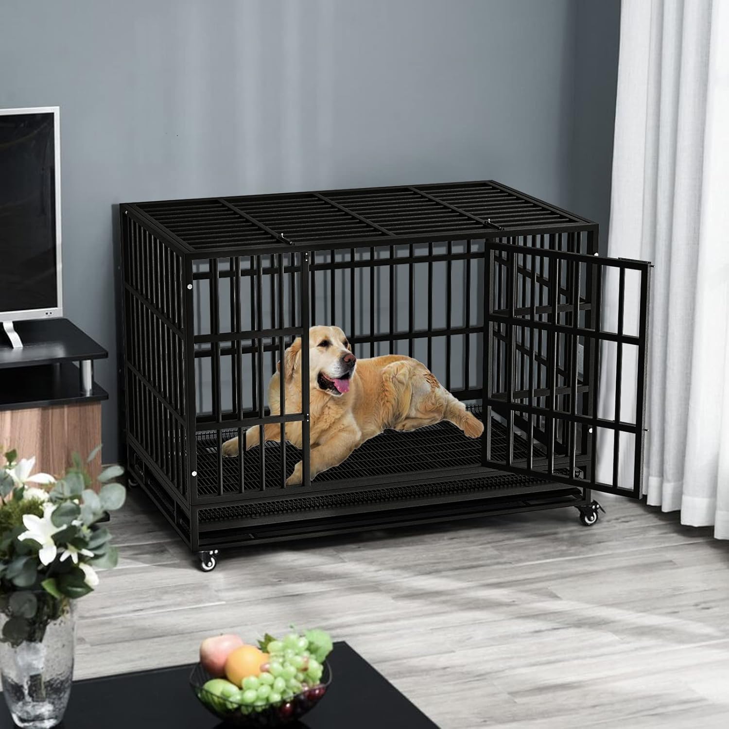 LEMBERI 48/38 inch Heavy Duty Indestructible Dog Crate, Escape Proof Dogs Cage Kennel with Lockable Wheels,High Anxiety Double Door Kennel,Extra Large Crate Indoor for Large Dog with Removable Tray 47.2