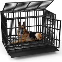 LEMBERI 48/38 inch Heavy Duty Indestructible Dog Crate, Escape Proof Dogs Cage Kennel with Lockable Wheels,High Anxiety Double Door Kennel,Extra Large Crate Indoor for Large Dog with Removable Tray 47.2