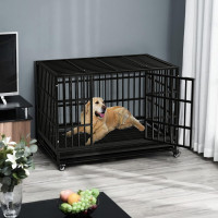LEMBERI 48/38 inch Heavy Duty Indestructible Dog Crate, Escape Proof Dogs Cage Kennel with Lockable Wheels,High Anxiety Double Door Kennel,Extra Large Crate Indoor for Large Dog with Removable Tray 47.2