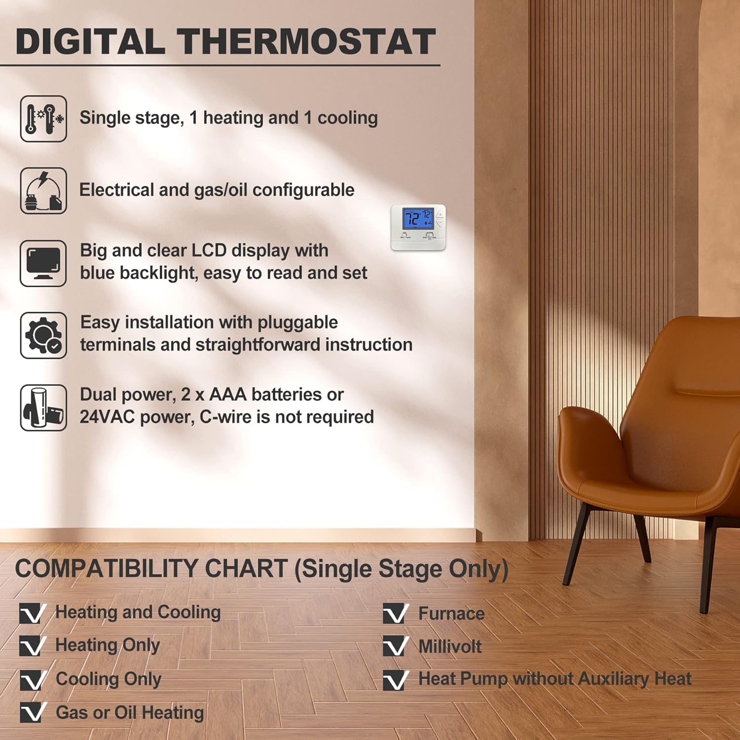 ELECTECK Non-Programmable Digital Thermostat for Home, up to 1 Heat/1 Cool with Large LCD Display, Compatible with Single Stage Electrical and Gas/Oil System, White