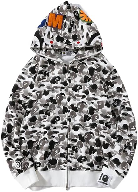 EXXE&OYYO Men's Shark Hoodie,Cotton Material Shark Jaw Jacket Ape Camo ​Full Zip Jacket Up Medium Ink White