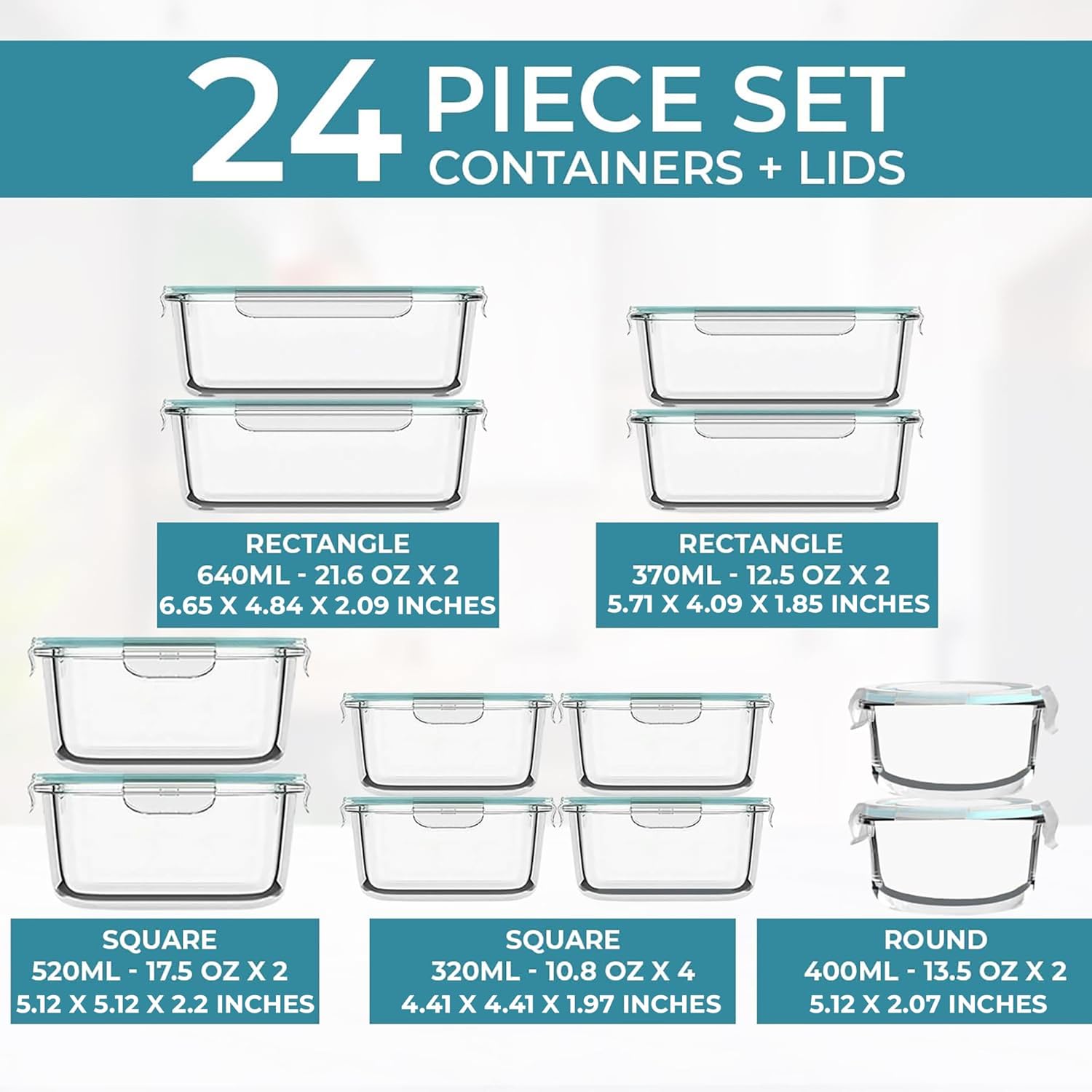 24 Pc Airtight Glass Food Storage Containers - Glass Meal Prep Containers - Freezer to Oven Safe - Steam Release Valve BPA/PVC Free - Airtight Glass Bento Boxes - Leak Proof (12 lids & 12 Containers)