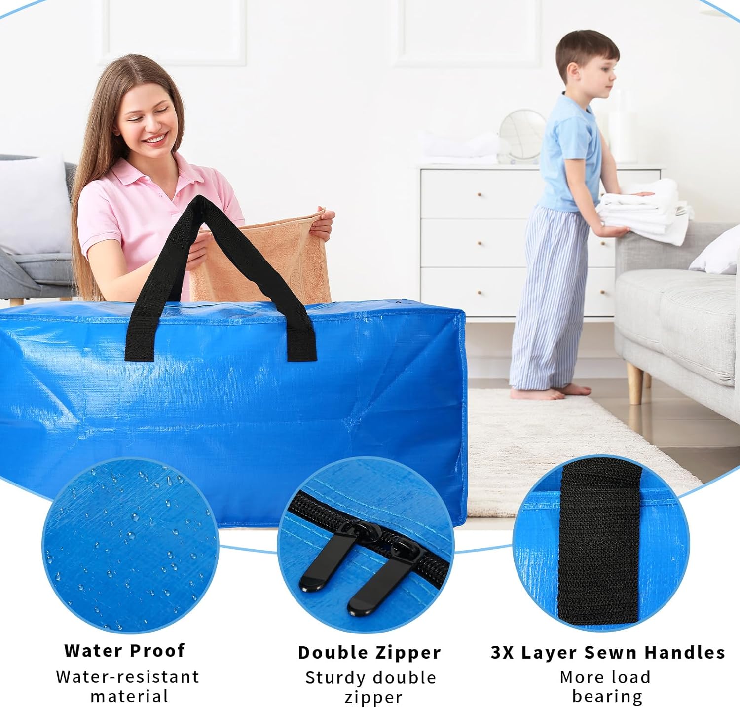 4 Pack Heavy Duty Extra Large Moving Bags Storage Tote - Strong Handles& Backpack Straps - Space Saving Storage Bags Alternative to Moving Boxes and Bins,Compatible with Ikea Frakta Cart, Blue Blue 4 Pack