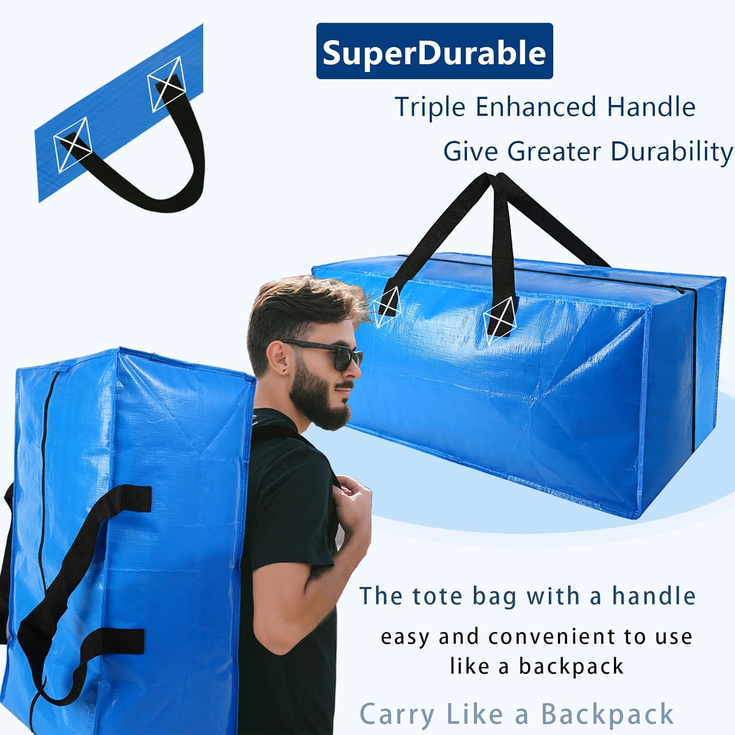 4 Pack Heavy Duty Extra Large Moving Bags Storage Tote - Strong Handles& Backpack Straps - Space Saving Storage Bags Alternative to Moving Boxes and Bins,Compatible with Ikea Frakta Cart, Blue Blue 4 Pack