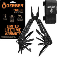 Gerber Gear Truss 17-in-1 EDC Needle Nose Pliers Multi tool - includes Pocket Knife, Screwdriver, and Bottle Opener Accessories - Gifts for Men, Fishing and Camping Gear - Black with Molle Sheath Black Molle Sheath