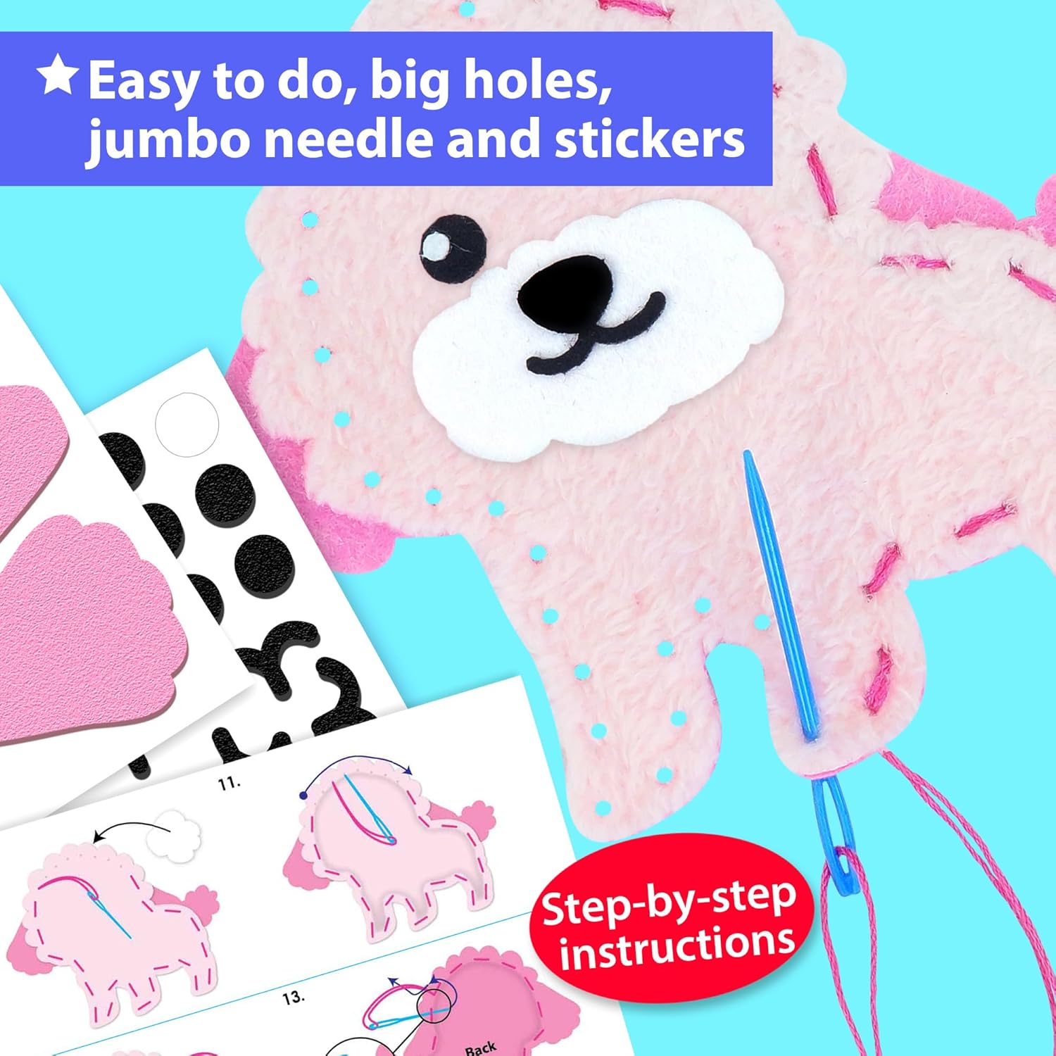 KRAFUN Easy Sewing Kit for Beginner Kids Arts & Crafts, 8 Easy DIY Projects of Stuffed Animal Dolls of Puppies & Kittens, Dogs and Cats, Instructions & Felt, Gift for Girls, Boys, Learn to Sew Puppy & Kitten