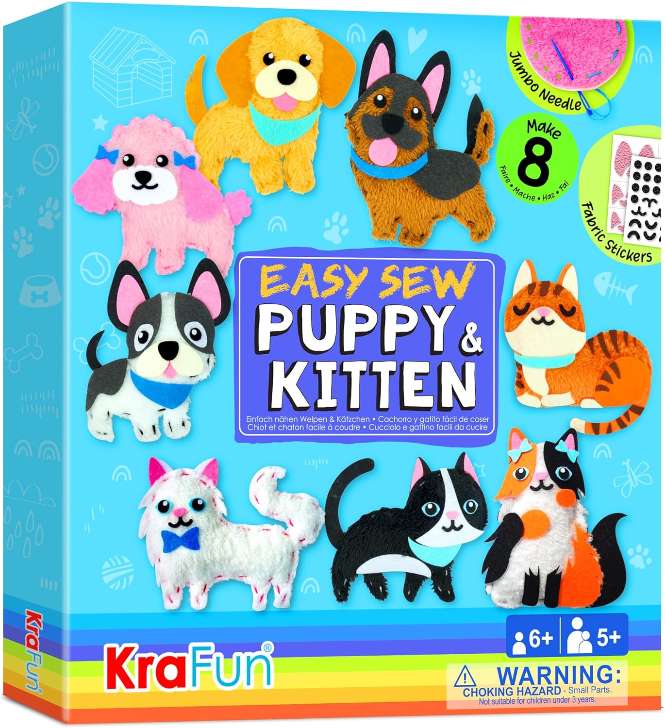 KRAFUN Easy Sewing Kit for Beginner Kids Arts & Crafts, 8 Easy DIY Projects of Stuffed Animal Dolls of Puppies & Kittens, Dogs and Cats, Instructions & Felt, Gift for Girls, Boys, Learn to Sew Puppy & Kitten