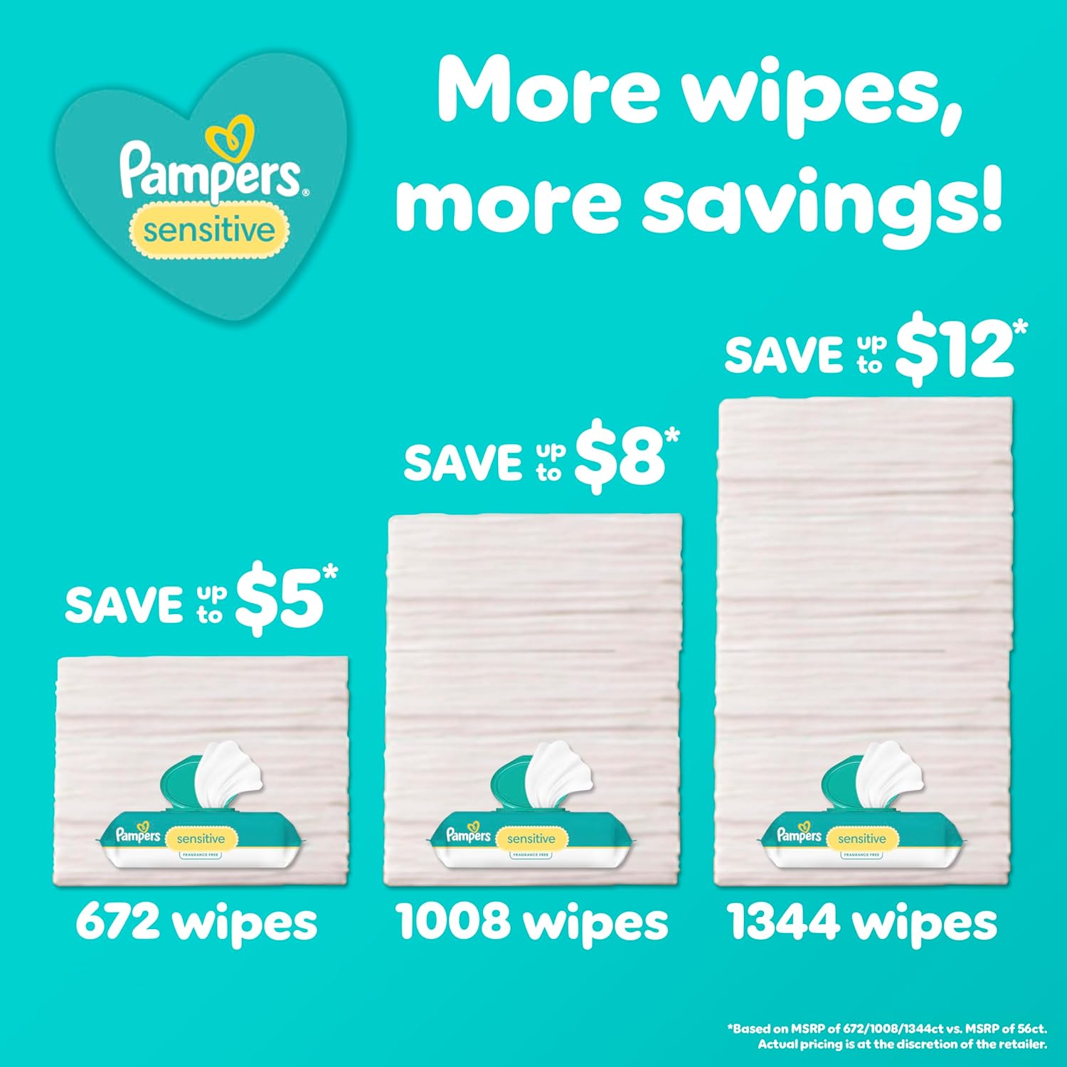 Pampers Baby Wipes Sensitive, Water Based Baby Wipes, Hypoallergenic and Unscented Baby Wipes, 56 Wipes Total (1 Flip-Top Packs) 56 Count (Pack of 1)