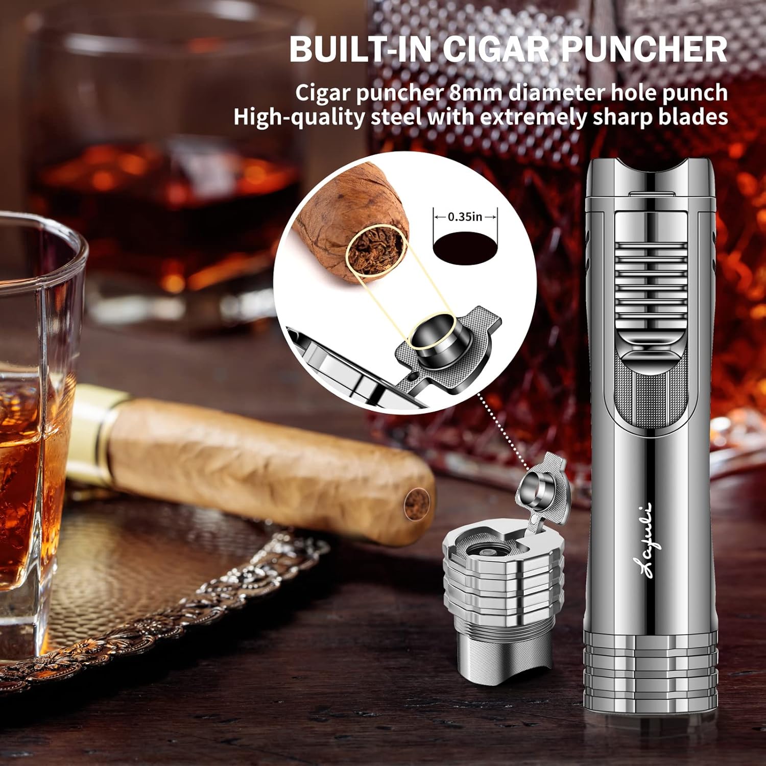Cigar Lighter, Cigar Punch, Cigar Draw Enhancer, Cigar Holder,All-in-one Refillable Butane Torch Lighter. Cigar Accessories(Gas Not Included)